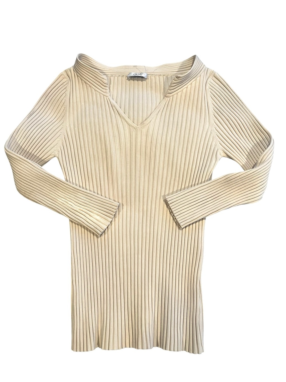 Cache Ribbed Knit Long Sleeve Top Cream V-Neck Fitted Stretch